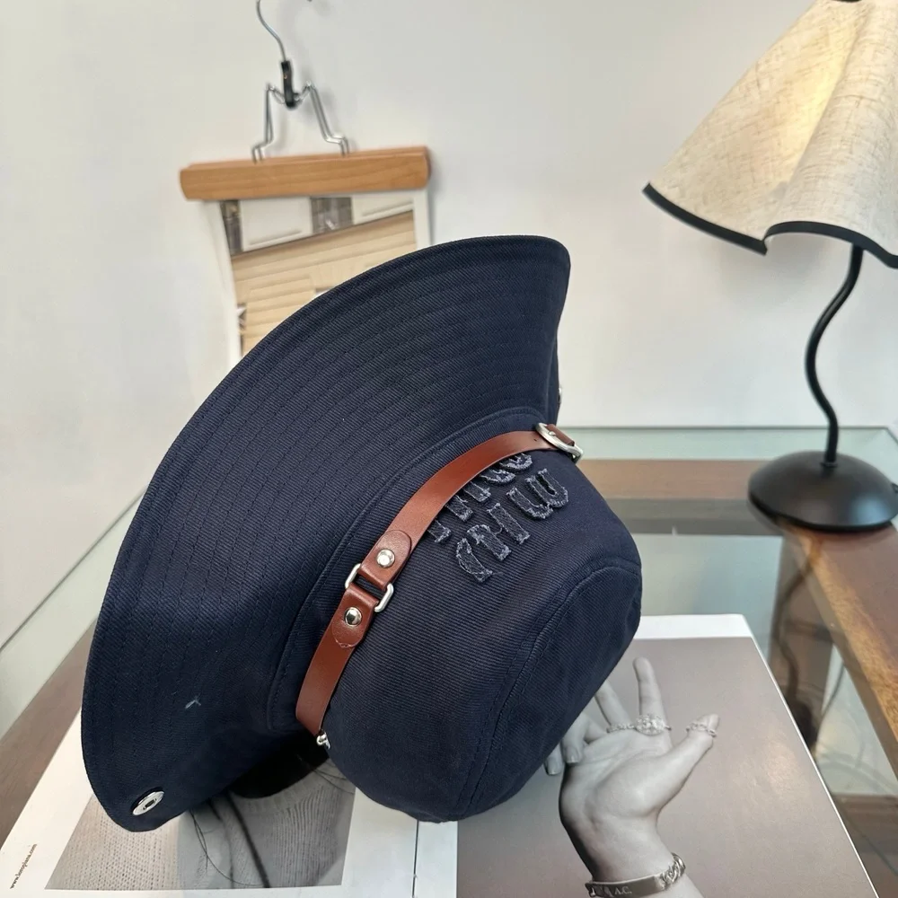 Miu Miu Navy Leather Strap Embroidered Wide Brim Bucket Hat
